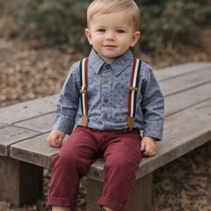Axel Hudson Boys 2pc Outfit 12-18M Shirt Suspenders Burgundy Pants Golf Set